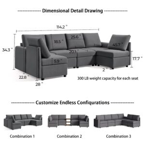 GOIRIE Modular Sofa, U Shaped Sectional Couch with Pull Out Bed, 6 Seat Pet-Friendly Modular Sectionals Sofas & Couches for Living Room, Memory Foam, Sofa Bed