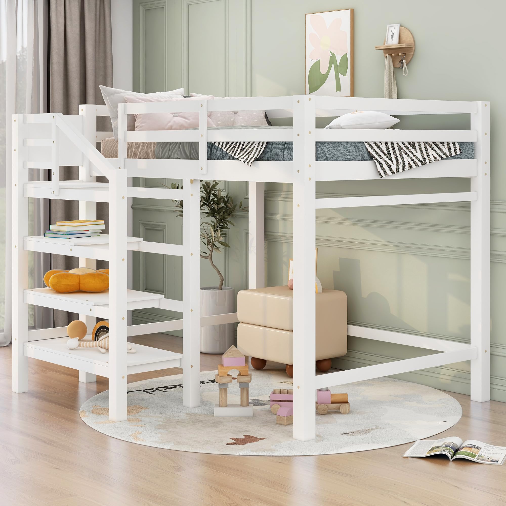 Full Loft Bed with Stairs Wood Frame Storage Shelves and Hanging Rod White Beds for Kids Boys Girls Adults Teens Dorm Bedroom, Full Size White With Stairs