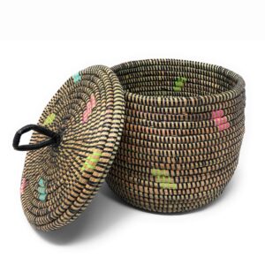 African Fair Trade Handwoven Lidded Shelf/Table Basket from Senegal, Black Confetti