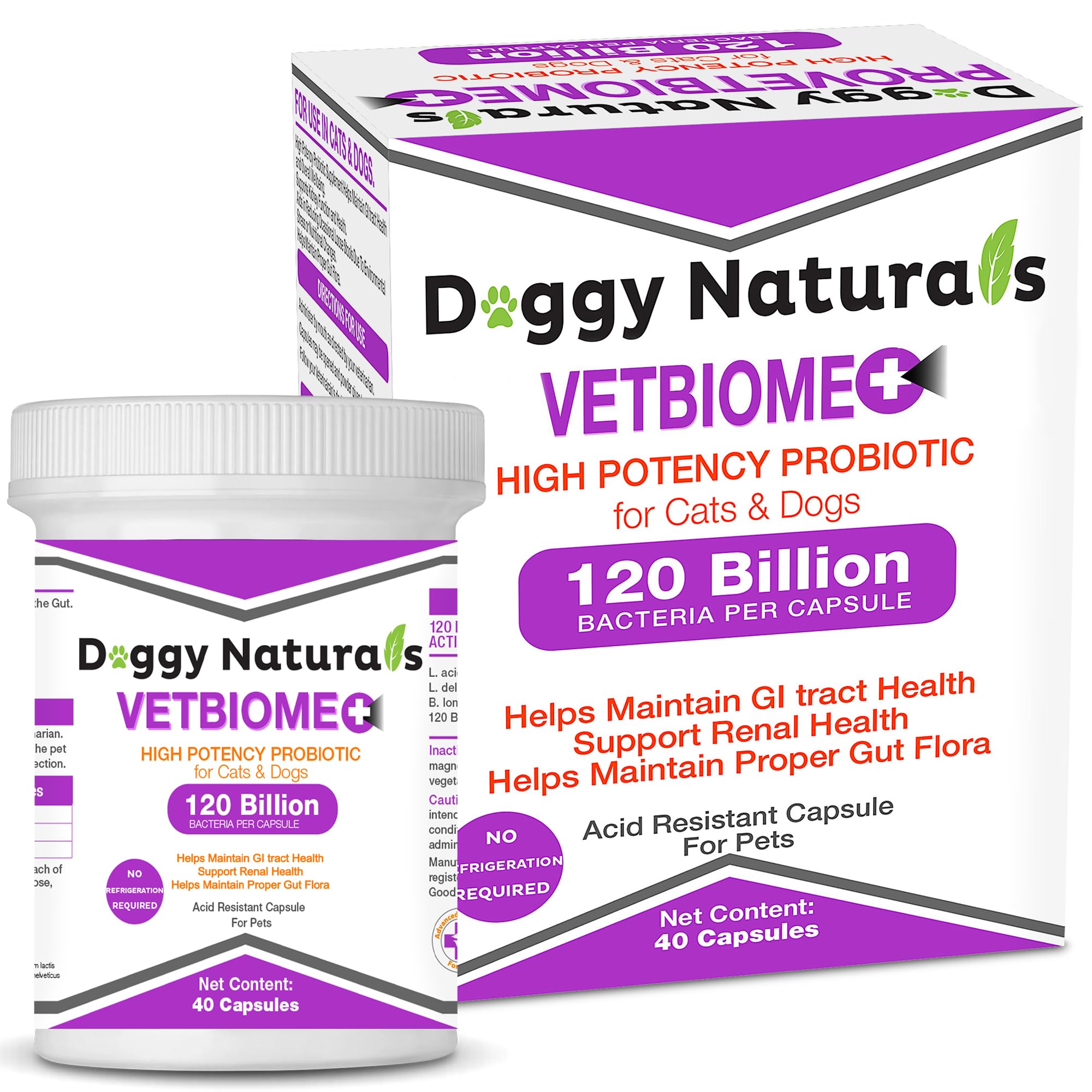 Vetbiome + High Potency Probiotics for Pets (40 Capsules) Made in U.S.A - NO Refrigeration Required !! (40 Caps (1 Pack))