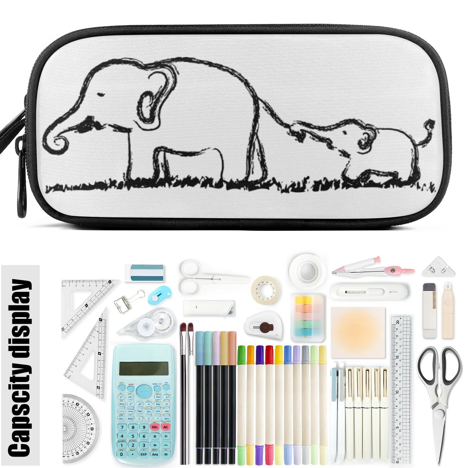 Fustylead Mom and Baby Elephants Nylon Pencil Bag Large Storage Pouch Pen Case Makeup Bag Simple Stationery Bag School College Office Organizer for Teens Boys Girls Student