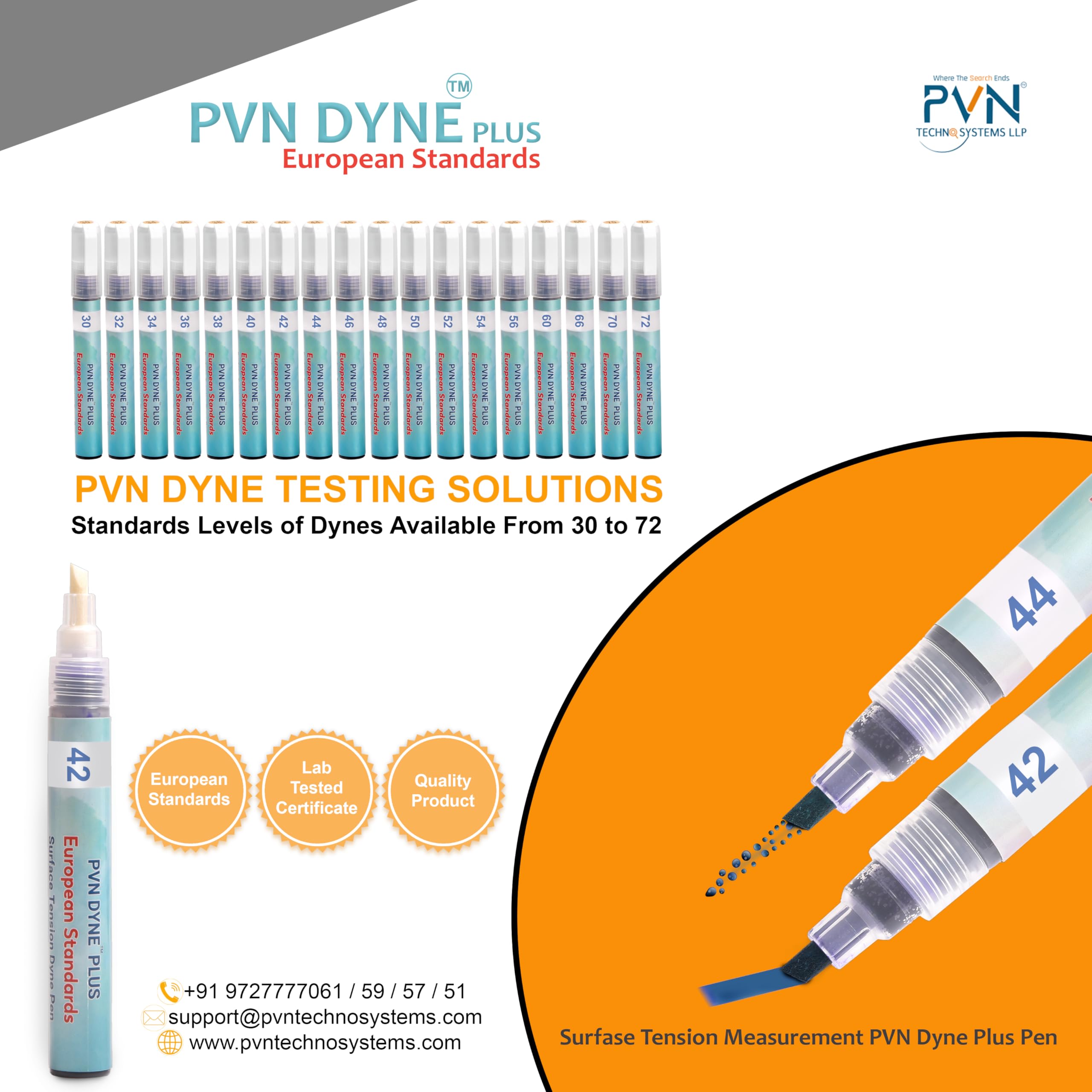 PVN Dyne Plus Pen for Surface Tension-Treatment Measurement (European Standards) Varity pack 8 Pen set (32,34,38,40,42,44,48,54 dynes) Blue