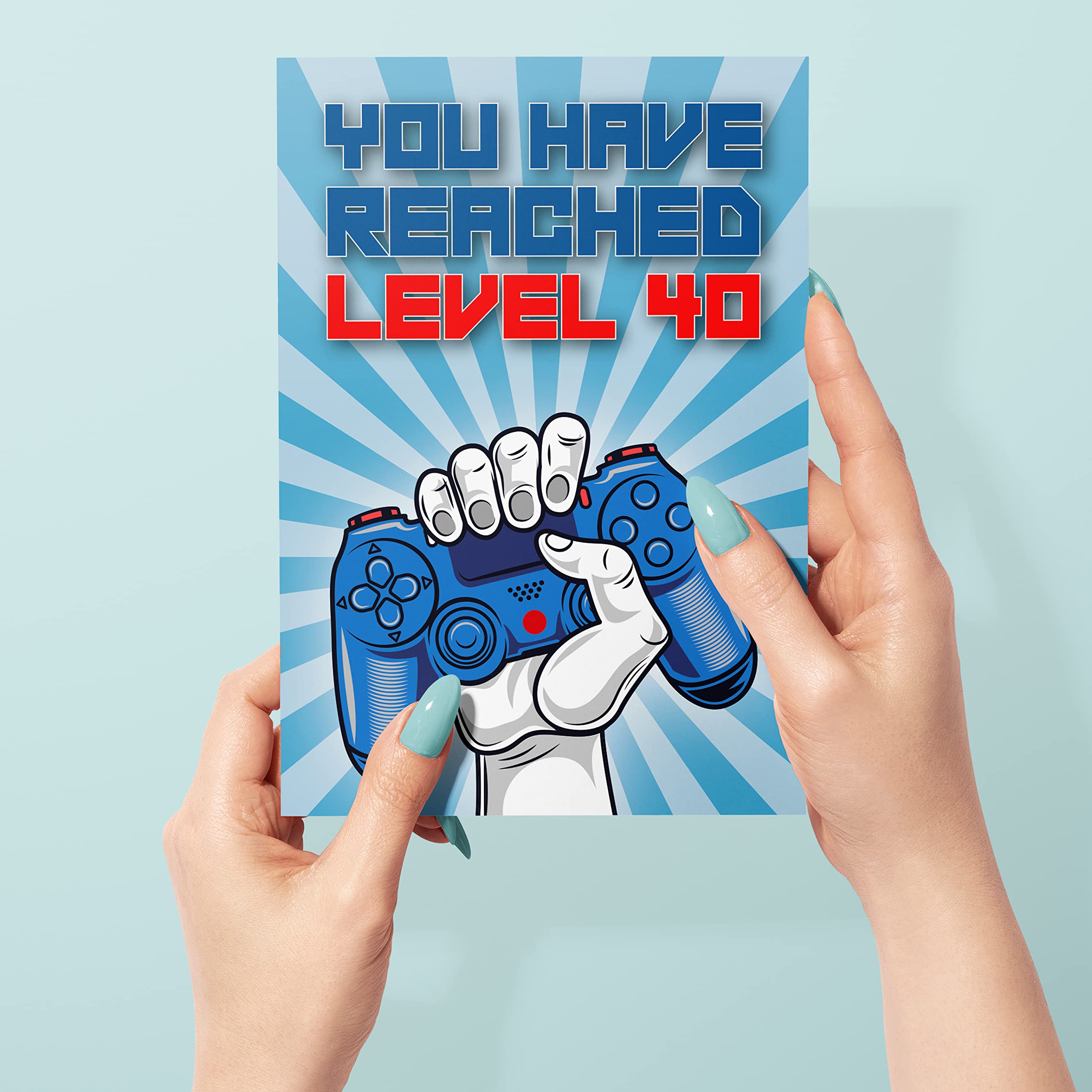 40th Birthday Card, You Have Reached Level 40, Greeting Card for Forty Year Old Gamer Birthday Gift for Adult Son or Daughter, For Him Her Mom Dad, Blue