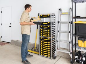 zilker home premium storage rack for yellow tool boxes - organize your workspace with the sturdy wall mount tool organizer, utility rack for tools and supplies (half rack: 33" h x 19" w x 13" d)