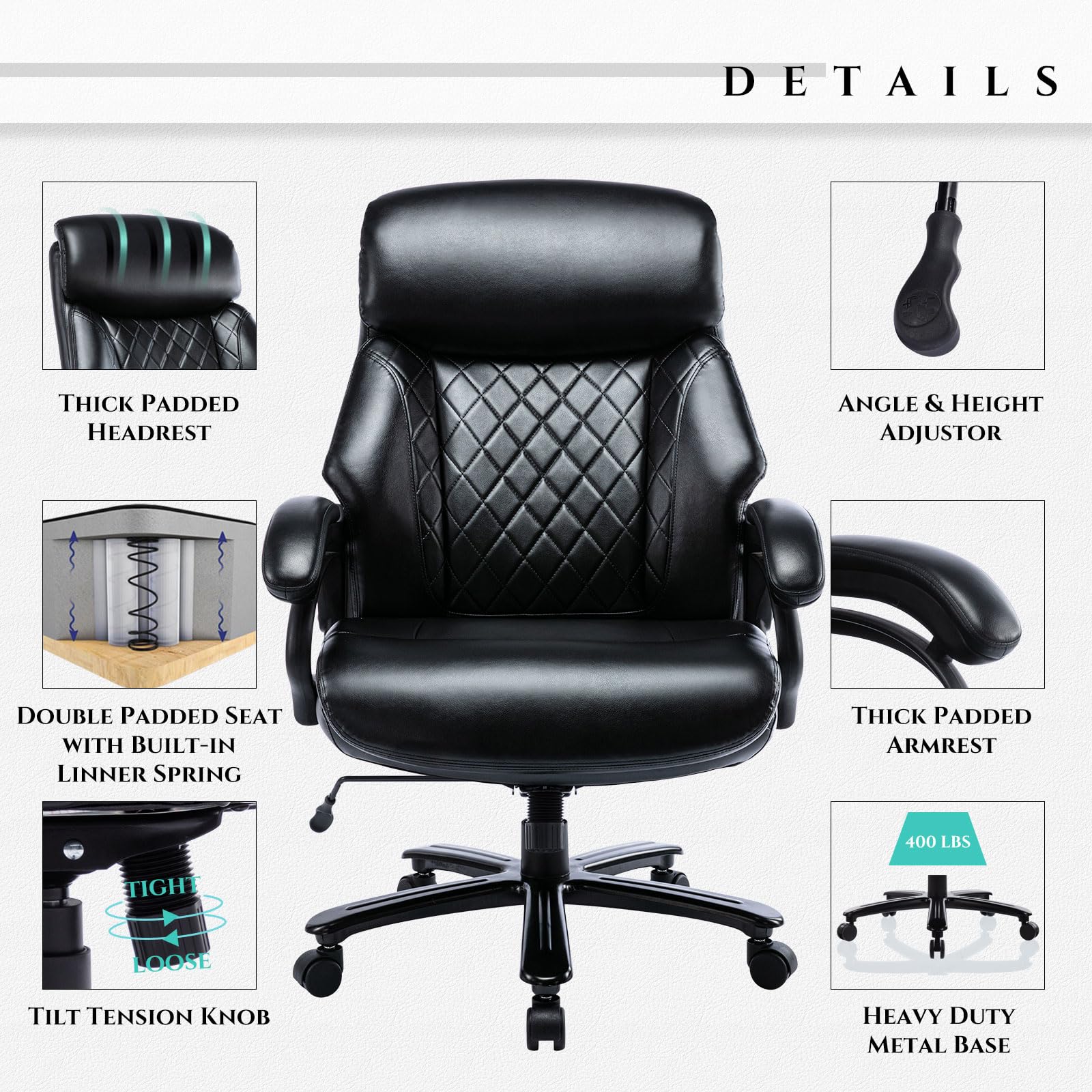 Big and Tall Office Chair 400lbs-Heavy Duty Executive Desk Chair with Extra Wide Seat, High Back Ergonomic Leather Computer Chair with Tilt Rock, Padded Armrests-Black