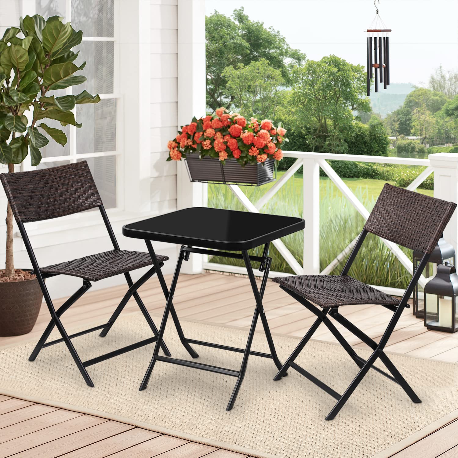 Magshion Patio Furniture Set of 3 Foldable Chair Outdoor Conversation Sets Foldable Coffee Table Lawn Balcony Poolside Backyard Bistro Set