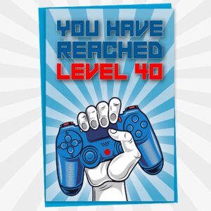 40th Birthday Card, You Have Reached Level 40, Greeting Card for Forty Year Old Gamer Birthday Gift for Adult Son or Daughter, For Him Her Mom Dad, Blue