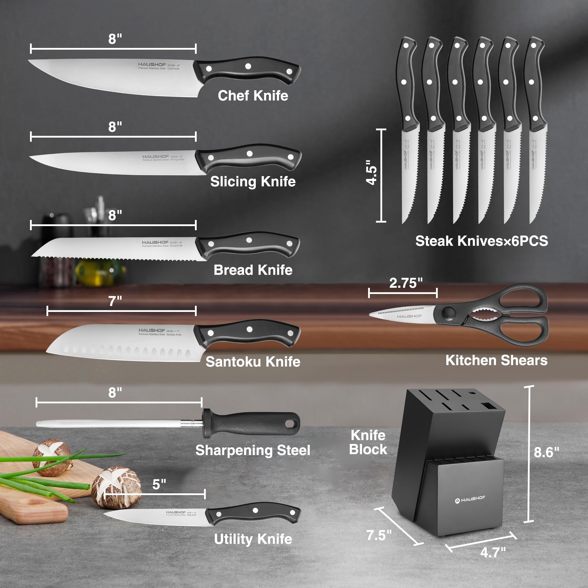 HAUSHOF 14 PCS Kitchen Knife Set With Block Wooden, Razor-Sharp Stainless Steel, Forged Triple Rivet, Chefs, Santoku, Slicing, Utility & 6 Steak Knives, Black