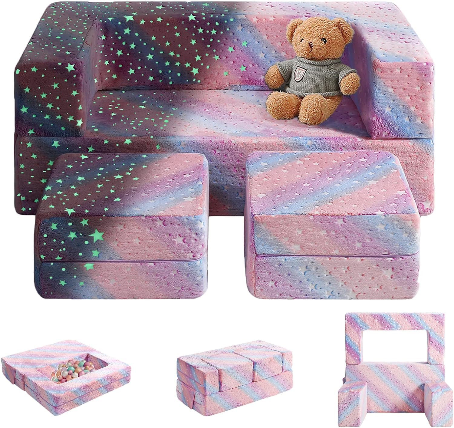 fond + found Kids Couch, Glow in The Dark Modular Kids Explore Sofa for Toddler 3 in 1 Fold Out Kids Toddler Sofa, Convertible Plush Toddler Couch with Washable and Durable Covers