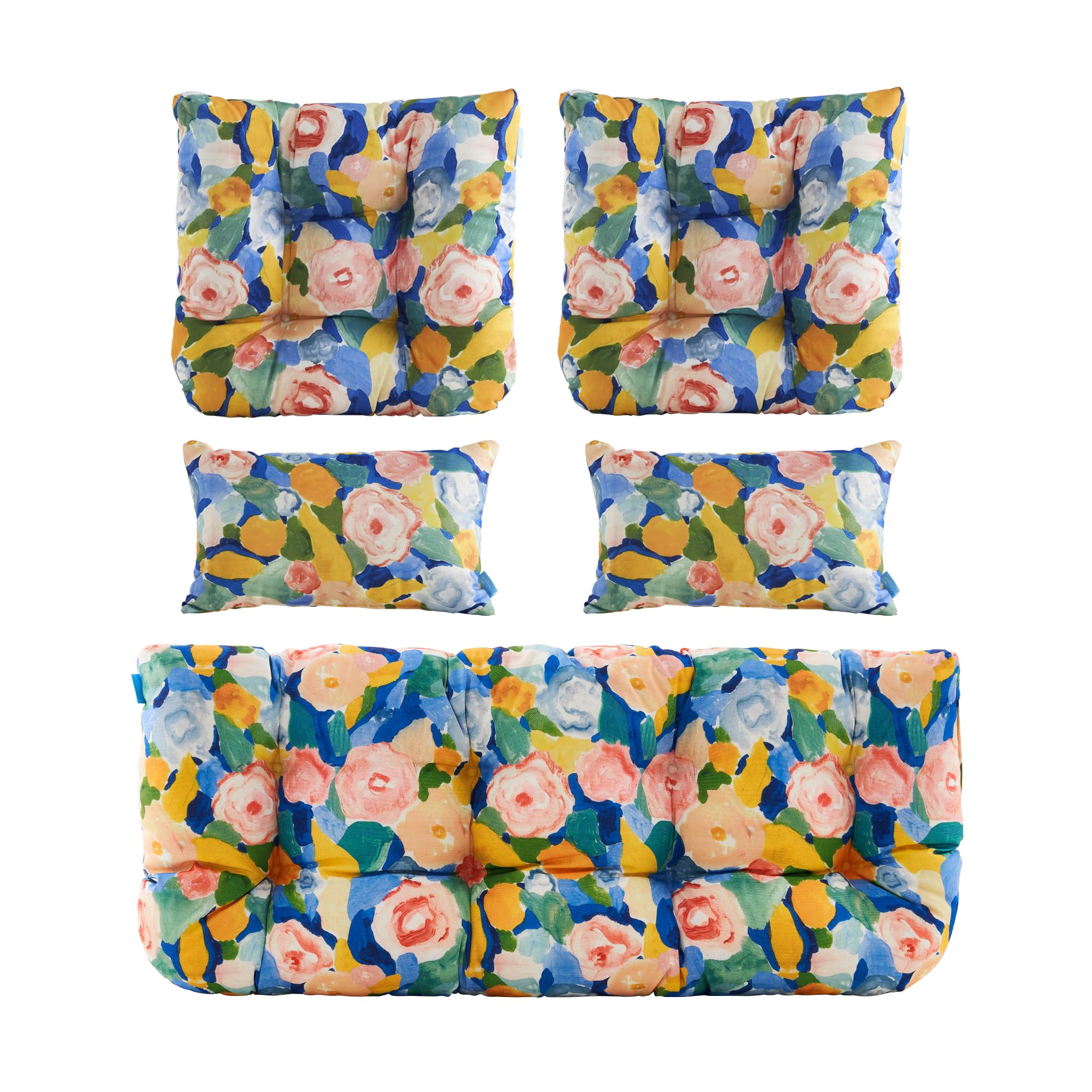 ARTPLAN Outdoor Cushions for Settee,Wicker Loveseat Cushions with Tie,Tufted Patio Cushions 2 U-Shaped Set of 5 Piece,L44xW19,Summer Floral