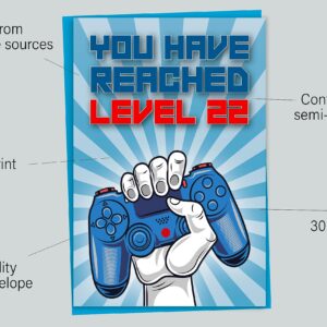 22nd Birthday Card, You Have Reached Level 22, Greeting Card for Twenty-Two Year Old Gamer Birthday Gift for Adult Son or Daughter, For Him Her Grandson Granddaughter, Blue