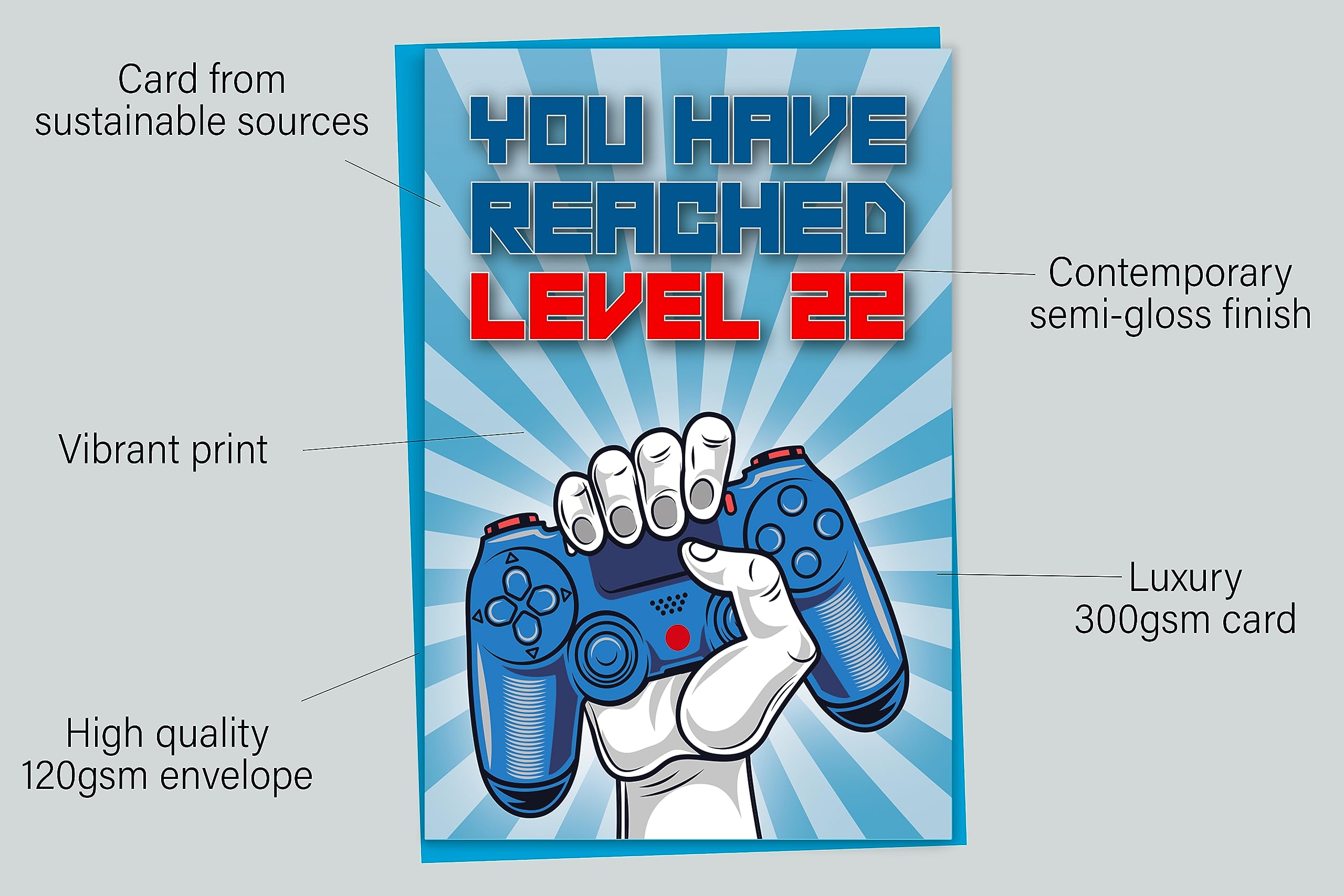 22nd Birthday Card, You Have Reached Level 22, Greeting Card for Twenty-Two Year Old Gamer Birthday Gift for Adult Son or Daughter, For Him Her Grandson Granddaughter, Blue