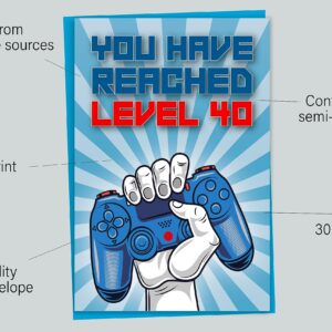 40th Birthday Card, You Have Reached Level 40, Greeting Card for Forty Year Old Gamer Birthday Gift for Adult Son or Daughter, For Him Her Mom Dad, Blue