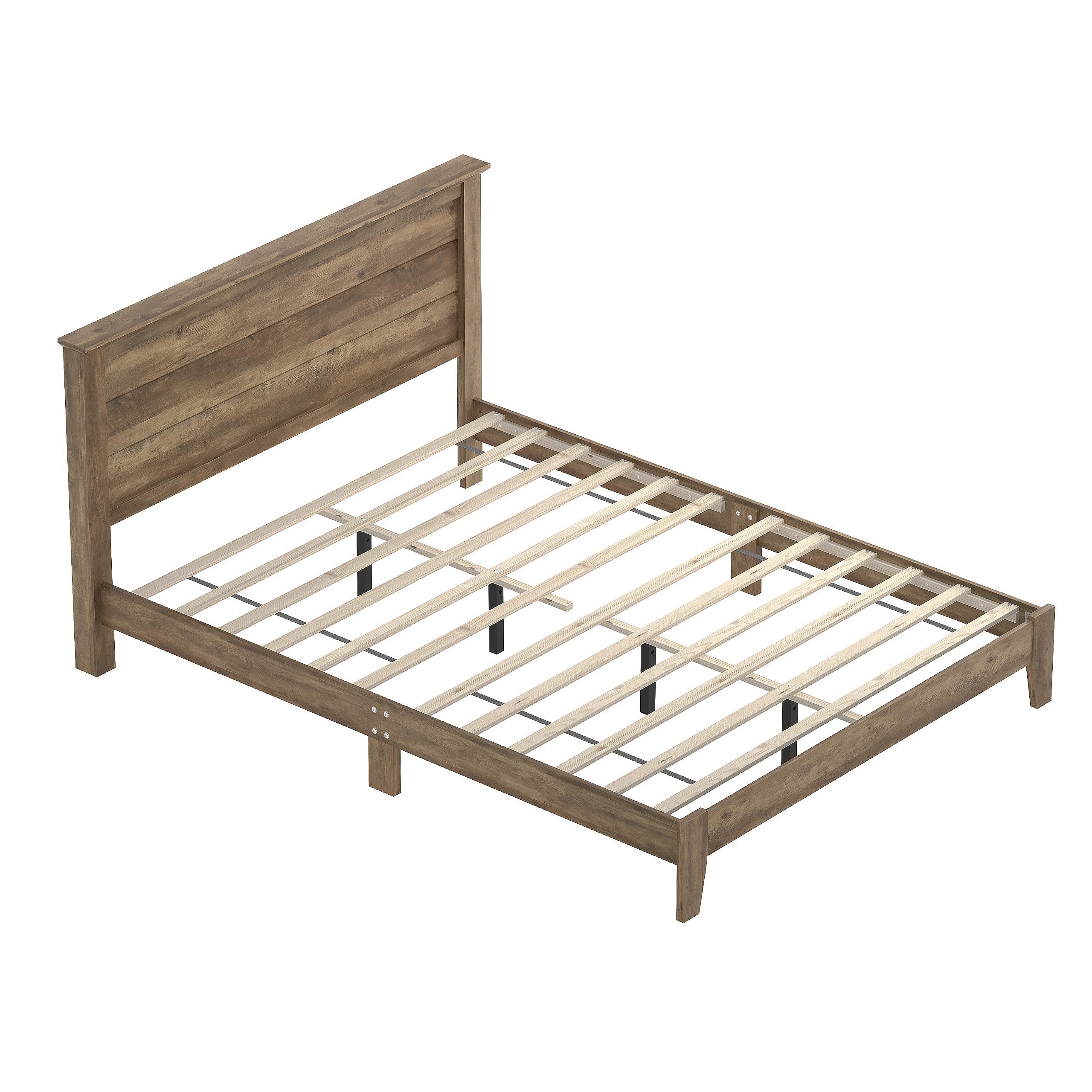 Galano Tiena Wood Platform Queen Bed Frame with Headboard, Mattress Foundation with Wood Slat Support, No Box Spring Needed, 64.17" L x 85.31" W x 40.16" H, Knotty Oak