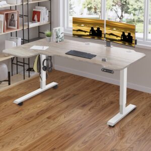 Jceet Adjustable Height L-Shaped 59 Inch Electric Standing Desk - Sit Stand Computer Desk, Stand Up Desk Table for Home Office, White Frame and Oak Top