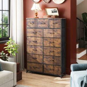 WLIVE Tall Dresser for Bedroom with 13 Drawers, Storage Dresser Organizer Unit, Fabric Dresser for Bedroom, Closet, Chest of Drawers, Steel Frame, Wood Top, Rustic Brown Wood Grain Print