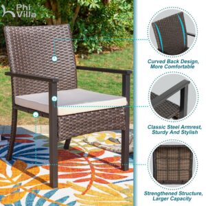 PHI VILLA 7 Pieces Patio Dining Set for 6, 65” Wood-Like Metal Steel Dining Table & Rattan Wicker Chairs with Cushions, Large Dining Furniture Set for Outdoor Deck, Yard, Porch