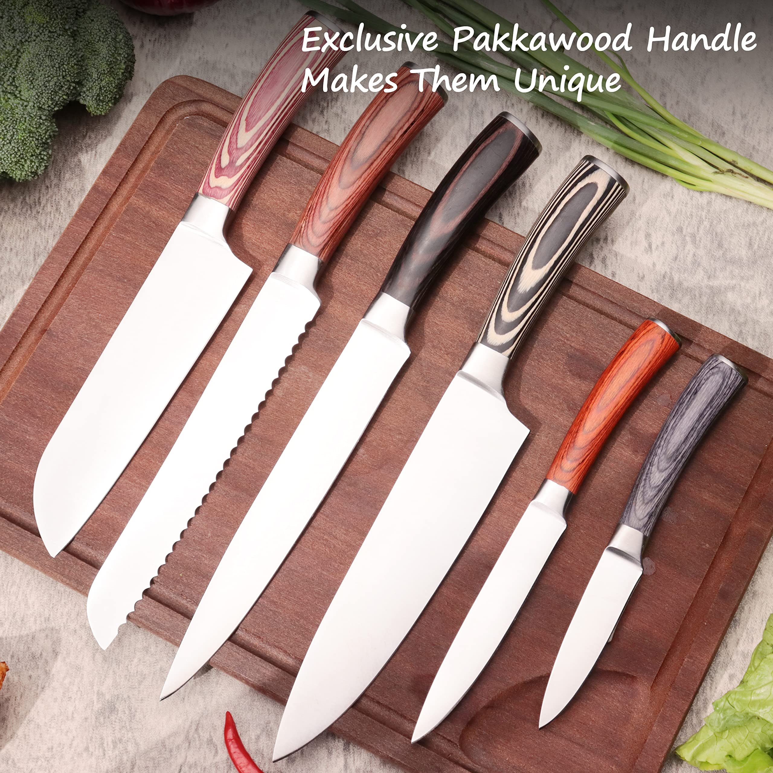 LUVCOSY Colorful Pakkawood Kitchen Knife Set of 6, Stainless Steel Chef Knife with Gift Box, Razor Sharp Bread Knife/Grill Knife/Utility Knife/Paring Knife/Santoku Knife for Home/Kitchen