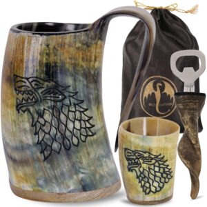 oldemperor viking drinking horn mug, 15-20oz| shot glass and bottle opener| unique handmade viking spacial gifts for men and women - food grade medieval style (fenrir)