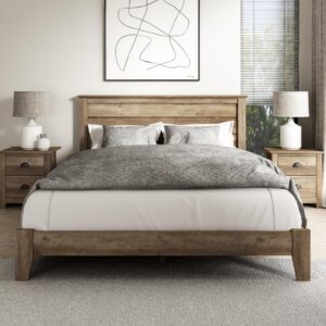 Galano Tiena Wood Platform Queen Bed Frame with Headboard, Mattress Foundation with Wood Slat Support, No Box Spring Needed, 64.17" L x 85.31" W x 40.16" H, Knotty Oak