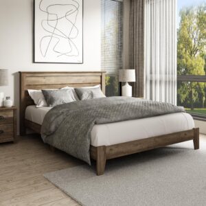 galano tiena wood platform queen bed frame with headboard, mattress foundation with wood slat support, no box spring needed, 64.17" l x 85.31" w x 40.16" h, knotty oak