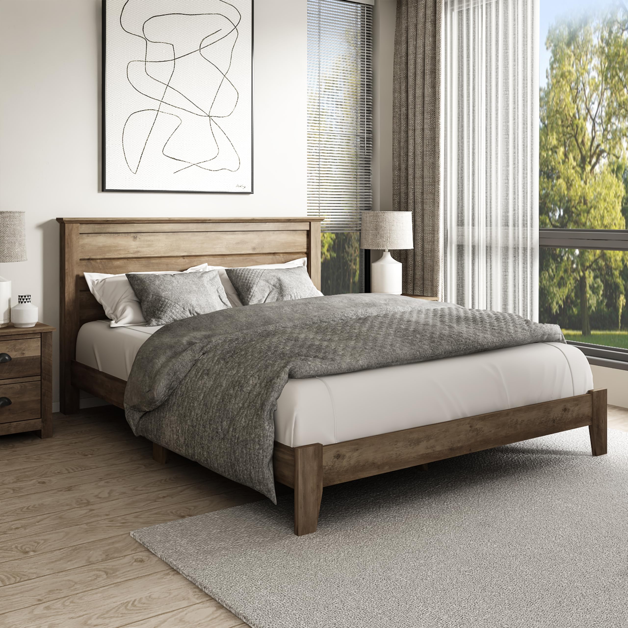 Galano Tiena Wood Platform Queen Bed Frame with Headboard, Mattress Foundation with Wood Slat Support, No Box Spring Needed, 64.17" L x 85.31" W x 40.16" H, Knotty Oak