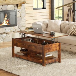 WLIVE Coffee Table, 47" Lift Top Coffee Table with Hidden Compartment and 2 Storage Shelves for Living Room, Rustic Brown