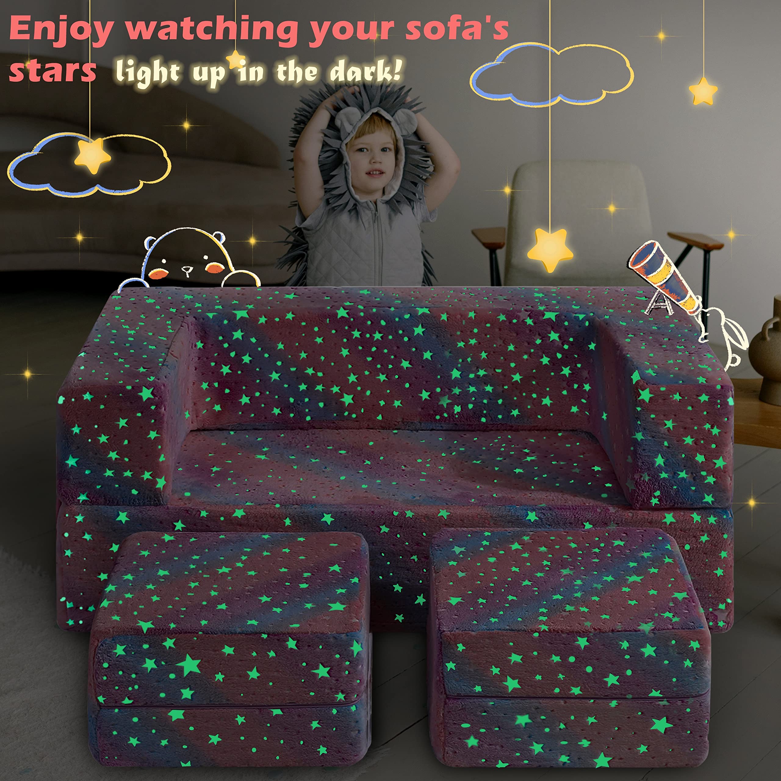 fond + found Kids Couch, Glow in The Dark Modular Kids Explore Sofa for Toddler 3 in 1 Fold Out Kids Toddler Sofa, Convertible Plush Toddler Couch with Washable and Durable Covers