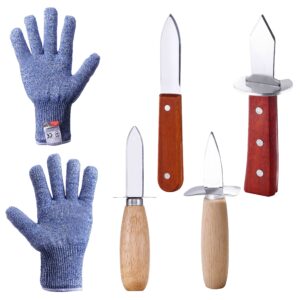 modasin oyster shucking knives and gloves set, oyster clam shucker opener opening knife kit, set of 4 pcs oyster knives & 1 pair of gloves(xl)