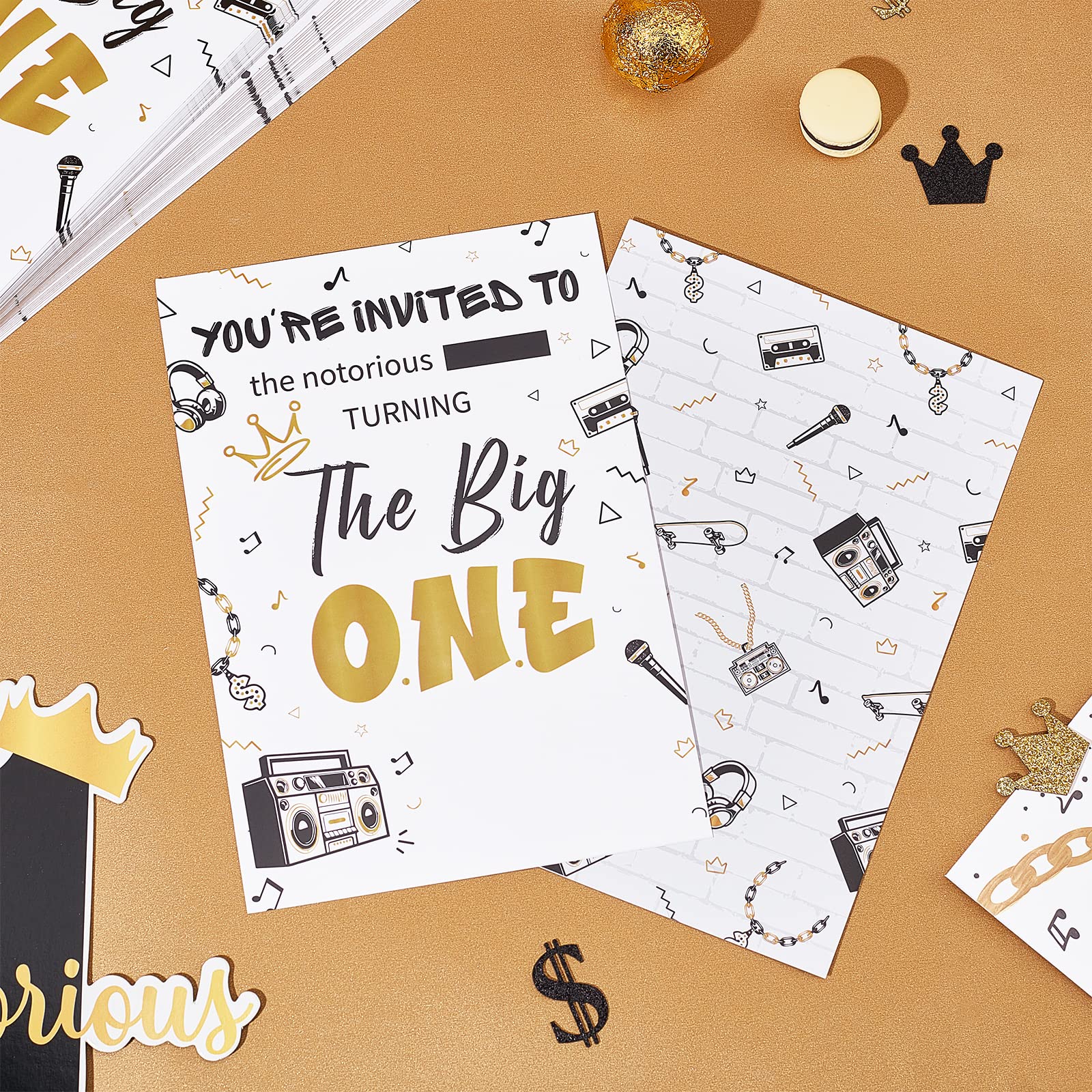 Fangleland The Notorious One Birthday Decorations, 25 Set of Black and Gold The Big One Theme Invitations with Envelopes, Hip Hop Theme 1st Birthday Invite Cards for One Year Old Party Supplies