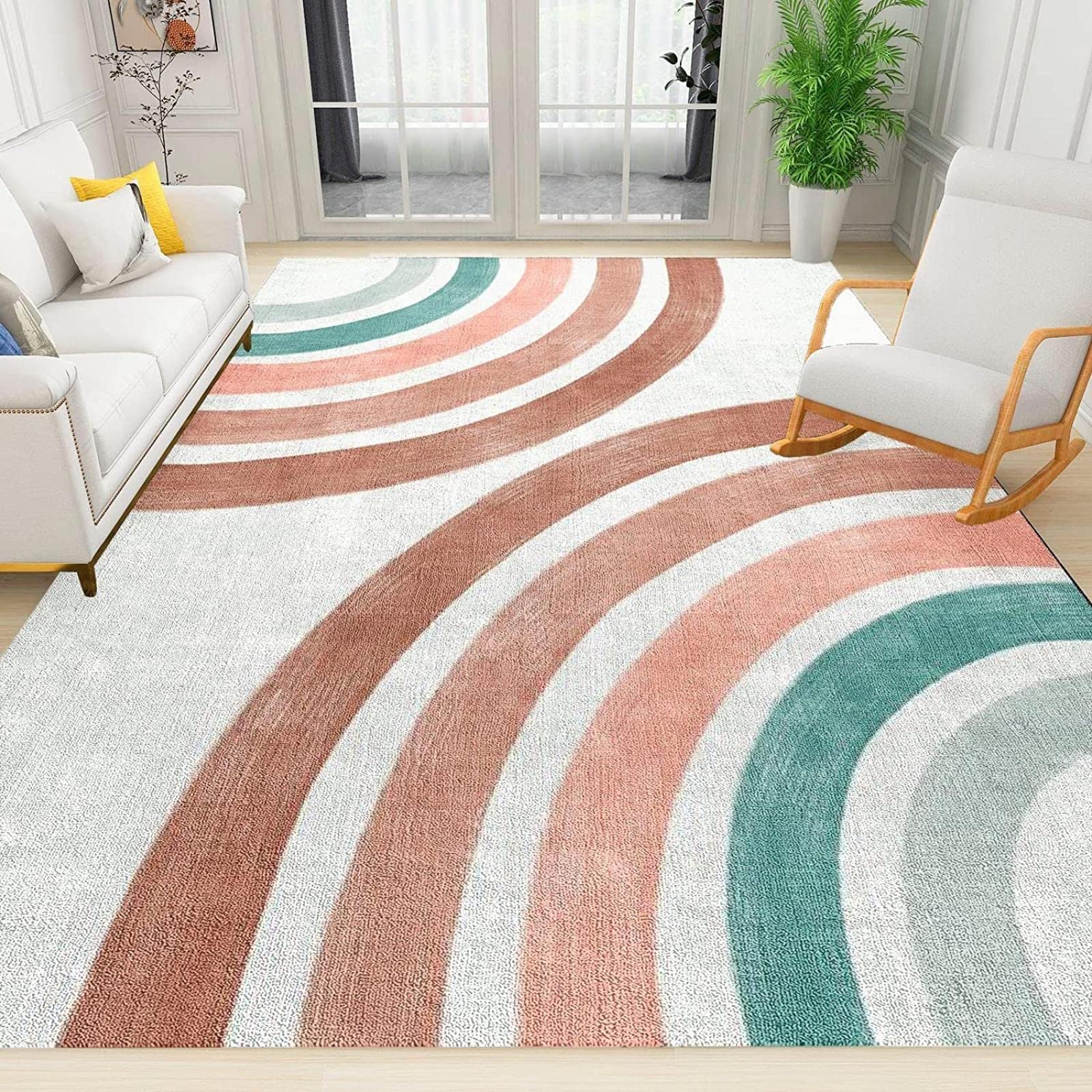 Retro Modern Boho Abstract Area Rugs, Mid Century Geometric Rainbow Bedroom Rug, Comfortable Soft with Non-slip Backing Ideal for Living Room Boy Girl Dining Room Study Decor 6 x 8ft