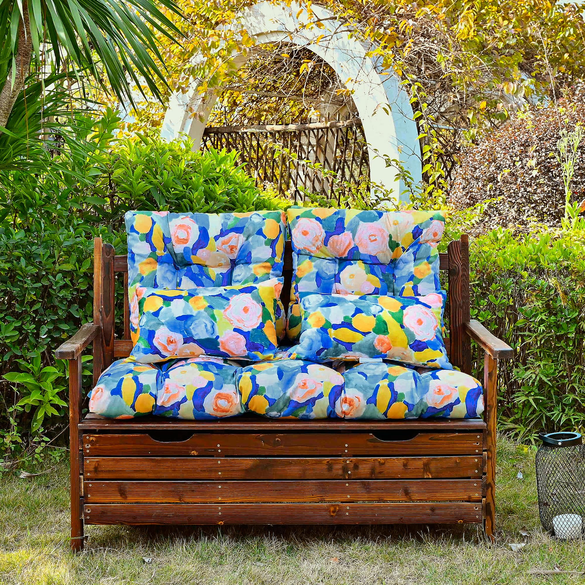 ARTPLAN Outdoor Cushions for Settee,Wicker Loveseat Cushions with Tie,Tufted Patio Cushions 2 U-Shaped Set of 5 Piece,L44xW19,Summer Floral