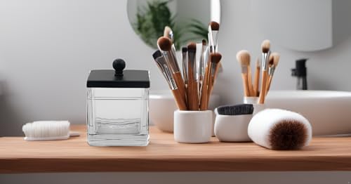 Indecor Home H Halston Apothecary Glass Cotton Jar Holder for Qtips, Cotton Balls, Floss, Storage Canister ,Bathroom Organization, With Matte Black 304L Stainless Steel Lid, Makeup Vanity Organizer