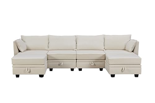 WILLIAMSPACE 115" Sectional Sofa for Living Room, Modern U-Shape Modular Sofa with Storage, 6 Seat Convertible Sofa Couch with Reversible Chaise - Beige