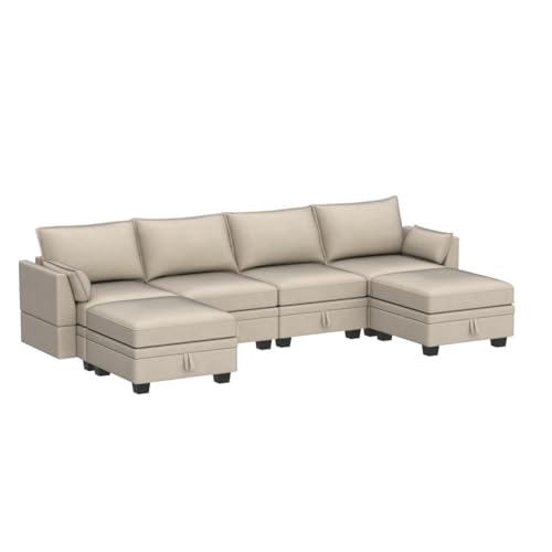 WILLIAMSPACE 115" Sectional Sofa for Living Room, Modern U-Shape Modular Sofa with Storage, 6 Seat Convertible Sofa Couch with Reversible Chaise - Beige