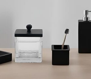 Indecor Home H Halston Apothecary Glass Cotton Jar Holder for Qtips, Cotton Balls, Floss, Storage Canister ,Bathroom Organization, With Matte Black 304L Stainless Steel Lid, Makeup Vanity Organizer