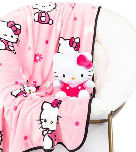 Hello Girly Mini Pillow Buddy and 46 Inch x 60 Inch Super Soft 2 Piece Blanket Set for Kids - Official Hello Kitty Product