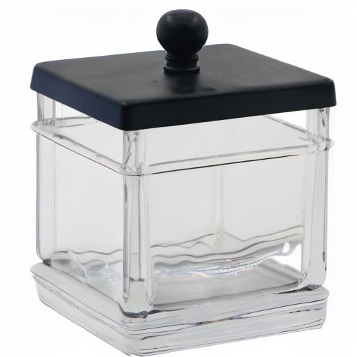 Indecor Home H Halston Apothecary Glass Cotton Jar Holder for Qtips, Cotton Balls, Floss, Storage Canister ,Bathroom Organization, With Matte Black 304L Stainless Steel Lid, Makeup Vanity Organizer