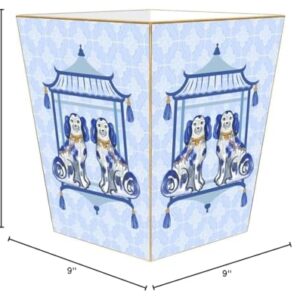 Marye-Kelley Staffordshire Dogs on Blue Wood Wastepaper Basket, Chinoiserie, Handmade in The USA, Wastebasket for Bedroom, Bathroom, Living Room, Office, Kitchen