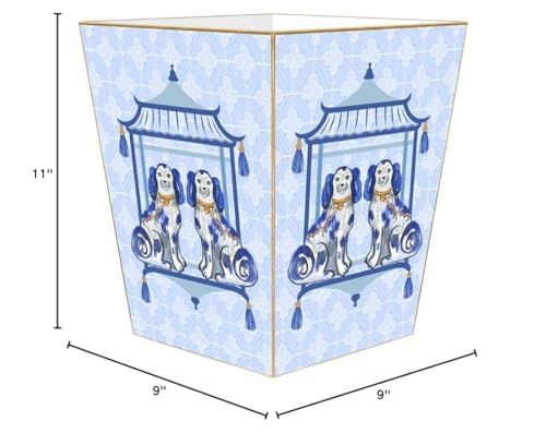 Marye-Kelley Staffordshire Dogs on Blue Wood Wastepaper Basket, Chinoiserie, Handmade in The USA, Wastebasket for Bedroom, Bathroom, Living Room, Office, Kitchen