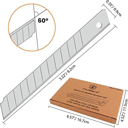 MulWark 100PC 9MM Snap Off 60 Degree Utility Knife Replacement Blades, Multi-Purpose Sharp Precision Box Cutter Blade for Universal Retractable Cutting Knives