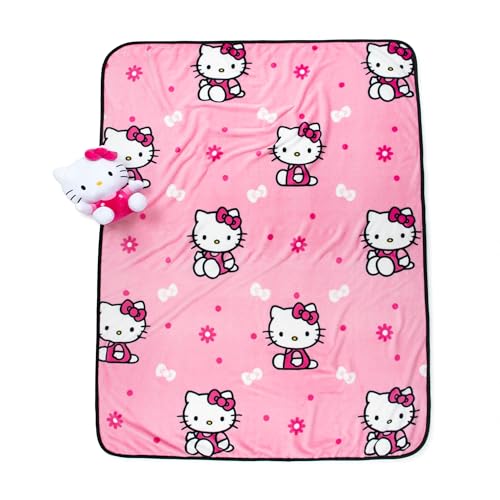 Hello Girly Mini Pillow Buddy and 46 Inch x 60 Inch Super Soft 2 Piece Blanket Set for Kids - Official Hello Kitty Product