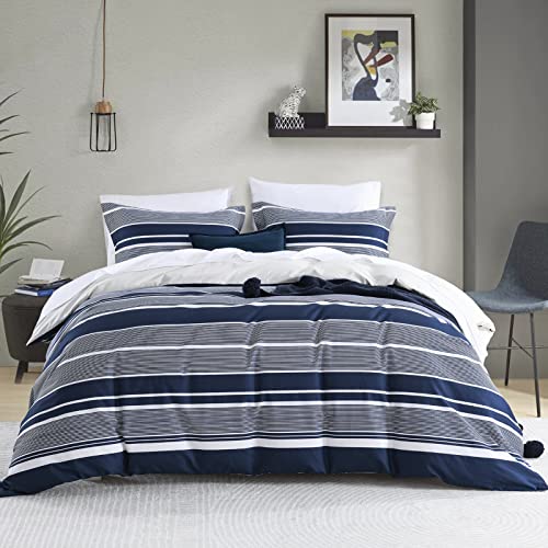 CozyDH Cotton Duvet Cover King - 100% Cotton 400TC Navy Blue Duvet Cover King Size, Soft and Breathable King Duvet Cover Set for All Season, Striped Pattern 3pcs Bedding Set (King, 104"x90")