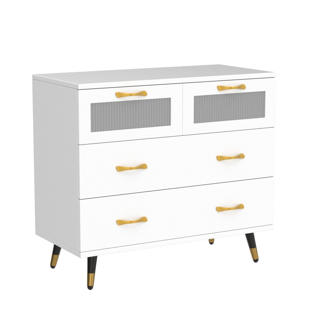 YIGOBUY Small White Dresser, Modern Dresser for Bedroom, 4 Drawer Double Dresser with Wide Drawer and Metal Handles, Wood Dressers & Chests of Drawers for Hallway, Entryway.