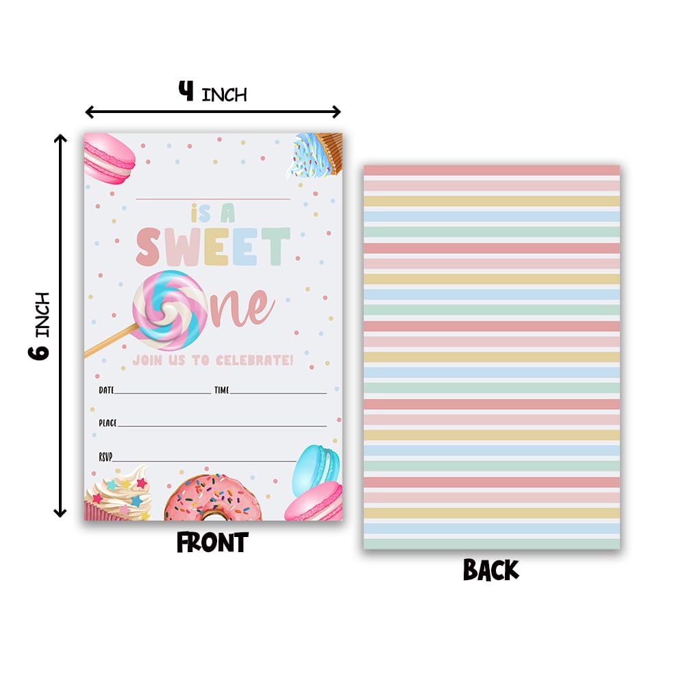 Grace Yonks Sweet One Birthday invitation, Dessert Party invite, Donut & Candy First Birthday, 20 Invitations and Envelopes, Birthday party Invitations, Birthday Party Supplies.(081)