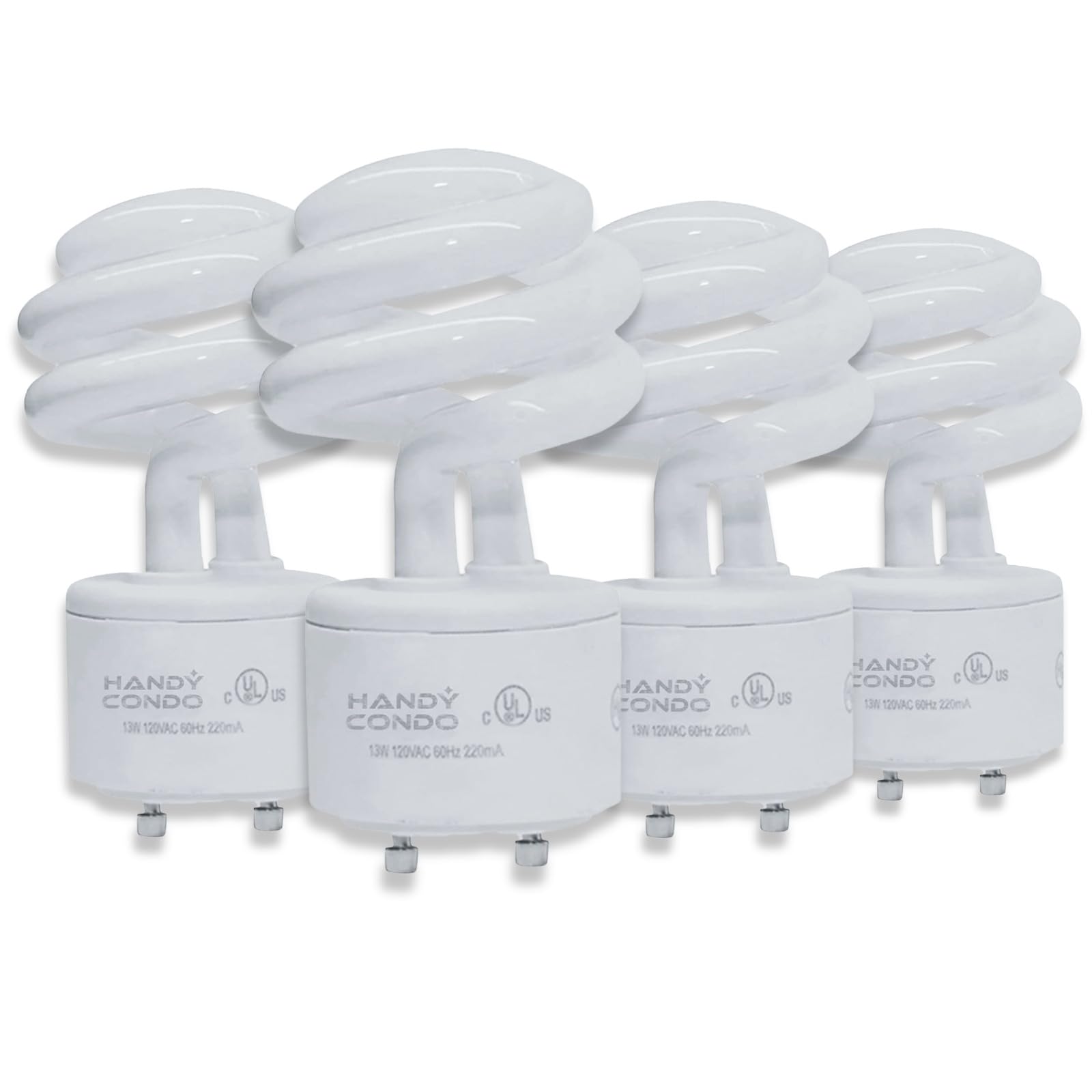 HANDYCONDO 13 Watt CFL GU24 Light Bulb with Two Prongs - T2 Mini Spiral Light Bulbs 4200k - 120v 60Hz Cool White Light - Twist Lock Compact Fluorescent Light Bulbs for Indoor Use -4 Pack UL Approved