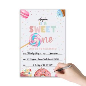 Grace Yonks Sweet One Birthday invitation, Dessert Party invite, Donut & Candy First Birthday, 20 Invitations and Envelopes, Birthday party Invitations, Birthday Party Supplies.(081)