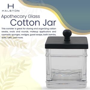 Indecor Home H Halston Apothecary Glass Cotton Jar Holder for Qtips, Cotton Balls, Floss, Storage Canister ,Bathroom Organization, With Matte Black 304L Stainless Steel Lid, Makeup Vanity Organizer