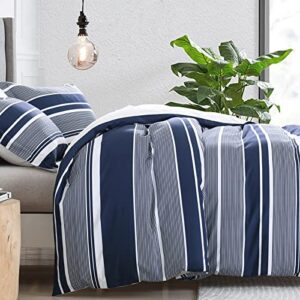 CozyDH Cotton Duvet Cover King - 100% Cotton 400TC Navy Blue Duvet Cover King Size, Soft and Breathable King Duvet Cover Set for All Season, Striped Pattern 3pcs Bedding Set (King, 104"x90")