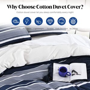 CozyDH Cotton Duvet Cover King - 100% Cotton 400TC Navy Blue Duvet Cover King Size, Soft and Breathable King Duvet Cover Set for All Season, Striped Pattern 3pcs Bedding Set (King, 104"x90")